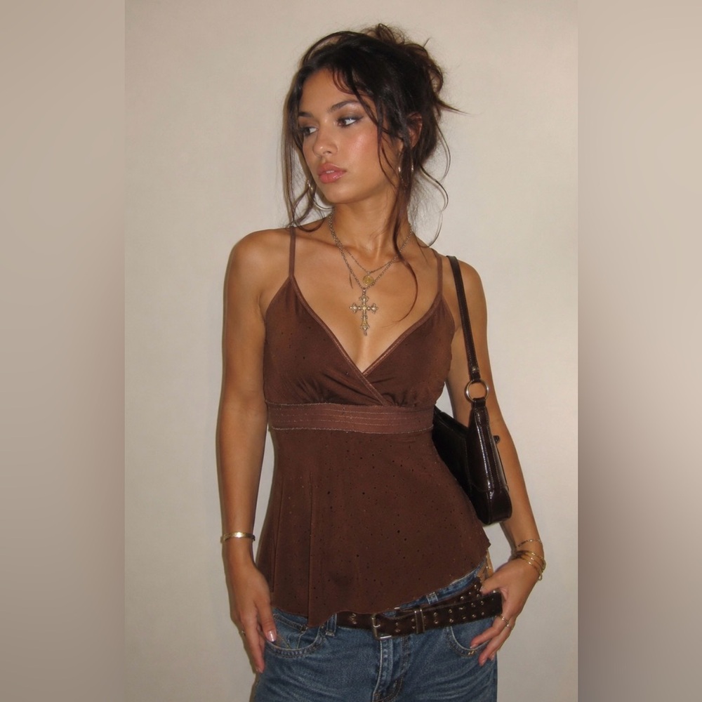 Belle Amie Brown Y2K Cami Tunic Top Fairycore Whimsigoth Boho Stretch Tank XS